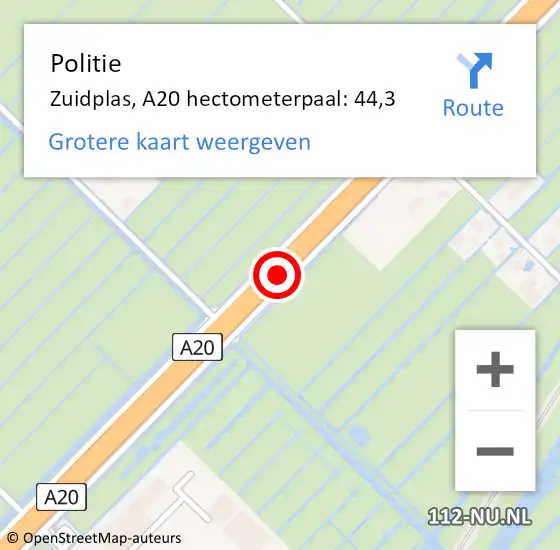 Locatie op kaart van de 112 melding: Politie Zuidplas, A20 hectometerpaal: 44,3 op 26 oktober 2021 07:44