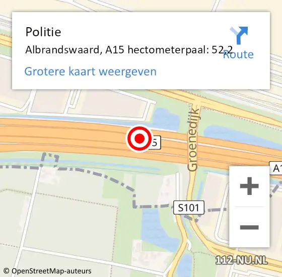 Locatie op kaart van de 112 melding: Politie Albrandswaard, A15 hectometerpaal: 52,2 op 26 oktober 2021 08:05