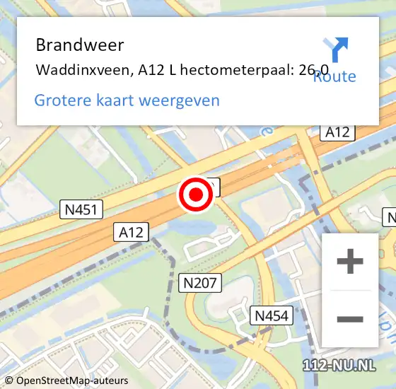 Locatie op kaart van de 112 melding: Brandweer Waddinxveen, A12 R hectometerpaal: 29,0 op 27 juni 2014 09:34