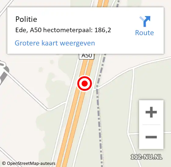 Locatie op kaart van de 112 melding: Politie Ede, A50 hectometerpaal: 186,2 op 26 oktober 2021 12:09