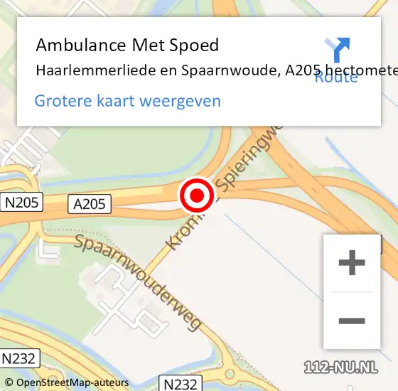 Locatie op kaart van de 112 melding: Ambulance Met Spoed Naar Haarlemmerliede en Spaarnwoude, A205 hectometerpaal: 3,6 op 26 oktober 2021 14:53
