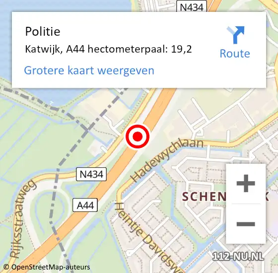 Locatie op kaart van de 112 melding: Politie Katwijk, A44 hectometerpaal: 19,2 op 26 oktober 2021 15:52