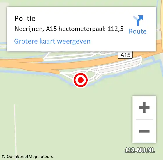 Locatie op kaart van de 112 melding: Politie Neerijnen, A15 hectometerpaal: 112,5 op 26 oktober 2021 16:47