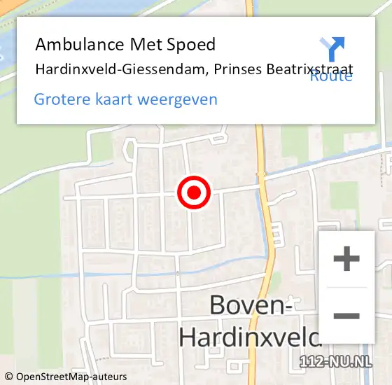 Locatie op kaart van de 112 melding: Ambulance Met Spoed Naar Hardinxveld-Giessendam, Prinses Beatrixstraat op 26 oktober 2021 18:44