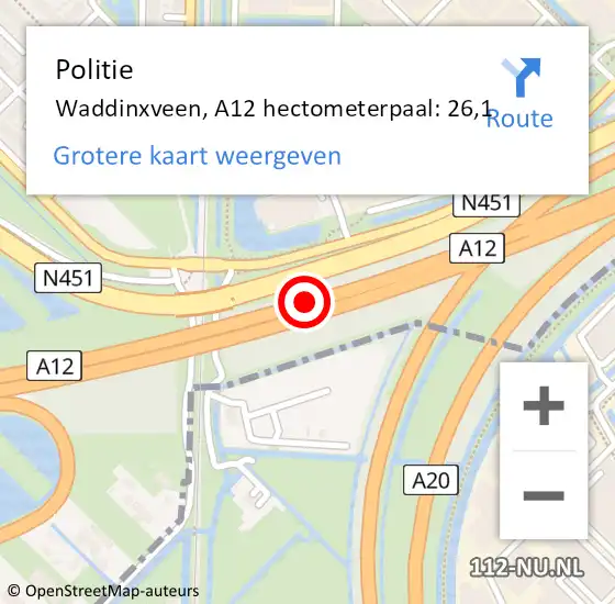 Locatie op kaart van de 112 melding: Politie Waddinxveen, A12 hectometerpaal: 26,1 op 27 oktober 2021 02:16