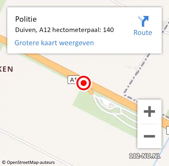 Locatie op kaart van de 112 melding: Politie Duiven, A12 hectometerpaal: 140 op 27 oktober 2021 06:44