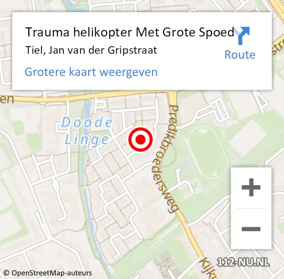 Locatie op kaart van de 112 melding: Trauma helikopter Met Grote Spoed Naar Tiel, Jan van der Gripstraat op 27 oktober 2021 09:03