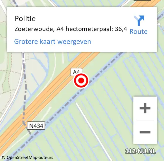 Locatie op kaart van de 112 melding: Politie Zoeterwoude, A4 hectometerpaal: 36,4 op 27 oktober 2021 09:12