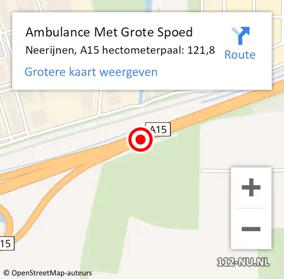 Locatie op kaart van de 112 melding: Ambulance Met Grote Spoed Naar Neerijnen, A15 hectometerpaal: 121,8 op 27 oktober 2021 11:07