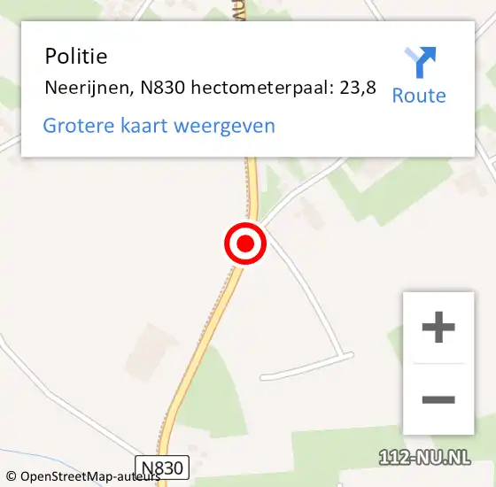 Locatie op kaart van de 112 melding: Politie Neerijnen, N830 hectometerpaal: 23,8 op 27 oktober 2021 11:18