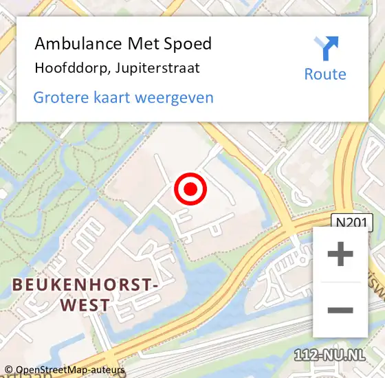 Locatie op kaart van de 112 melding: Ambulance Met Spoed Naar Hoofddorp, Jupiterstraat op 27 oktober 2021 11:25