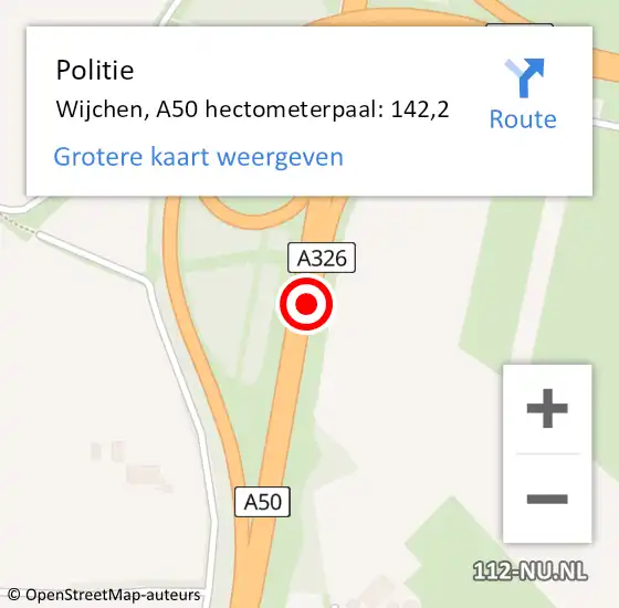 Locatie op kaart van de 112 melding: Politie Wijchen, A50 hectometerpaal: 142,2 op 27 oktober 2021 12:51