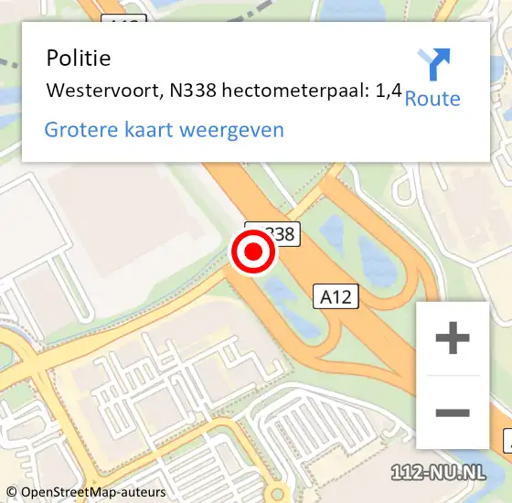 Locatie op kaart van de 112 melding: Politie Westervoort, N338 hectometerpaal: 1,4 op 27 oktober 2021 14:53