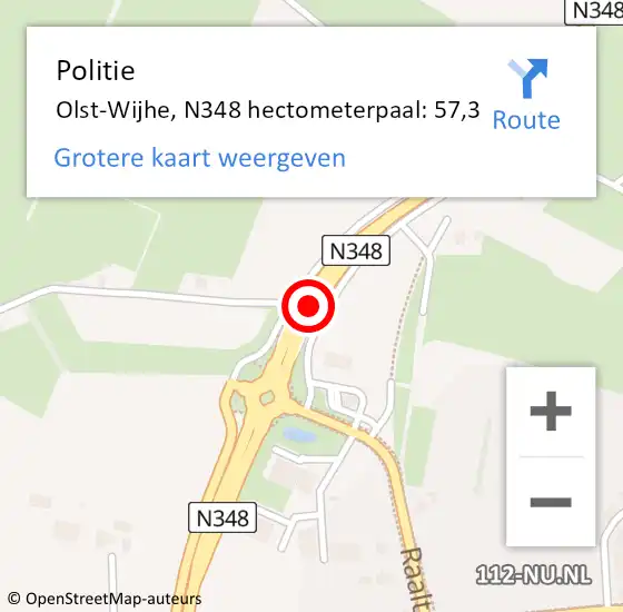 Locatie op kaart van de 112 melding: Politie Olst-Wijhe, N348 hectometerpaal: 57,3 op 27 oktober 2021 16:31