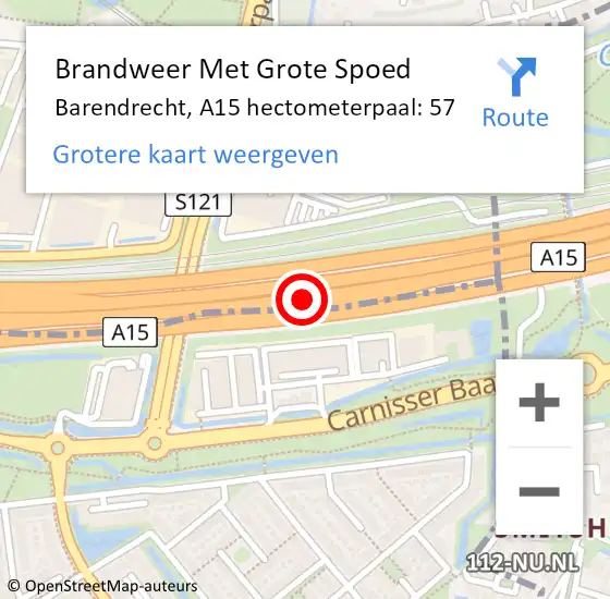 Locatie op kaart van de 112 melding: Brandweer Met Grote Spoed Naar Barendrecht, A15 hectometerpaal: 57 op 27 oktober 2021 17:12