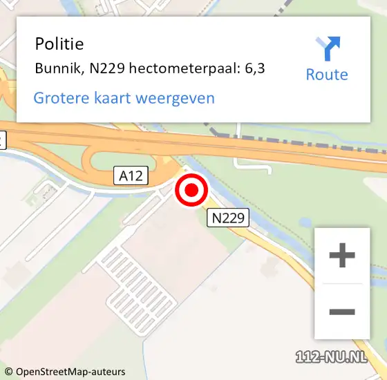 Locatie op kaart van de 112 melding: Politie Bunnik, N229 hectometerpaal: 6,3 op 27 oktober 2021 18:13