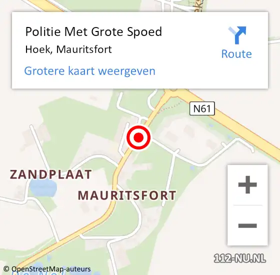 Locatie op kaart van de 112 melding: Politie Met Grote Spoed Naar Hoek, Mauritsfort op 27 oktober 2021 20:24