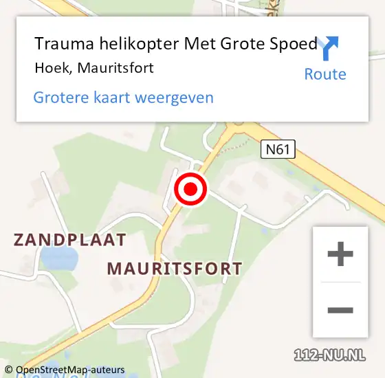 Locatie op kaart van de 112 melding: Trauma helikopter Met Grote Spoed Naar Hoek, Mauritsfort op 27 oktober 2021 20:30