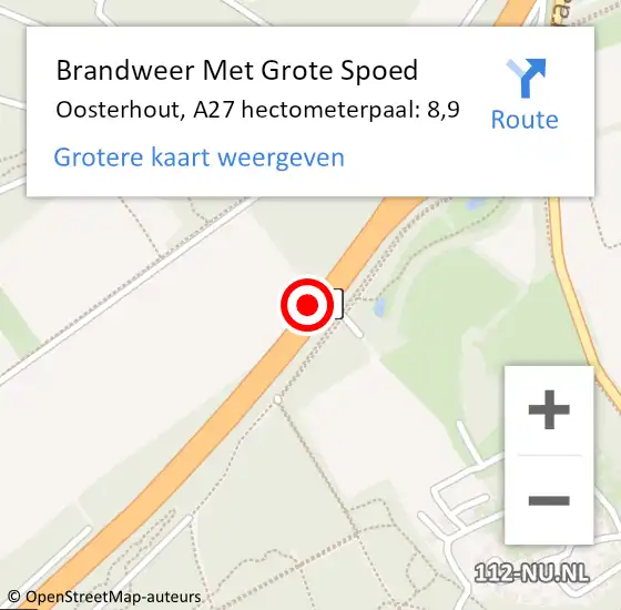 Locatie op kaart van de 112 melding: Brandweer Met Grote Spoed Naar Oosterhout, A27 hectometerpaal: 8,9 op 27 oktober 2021 21:15