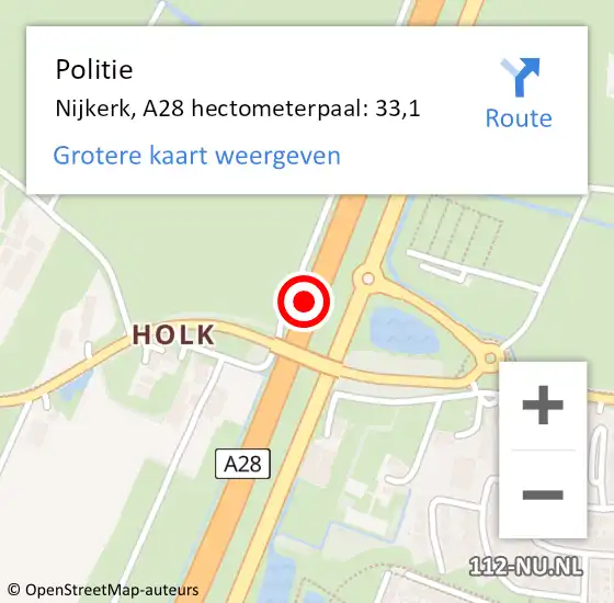 Locatie op kaart van de 112 melding: Politie Nijkerk, A28 hectometerpaal: 33,1 op 27 oktober 2021 21:35