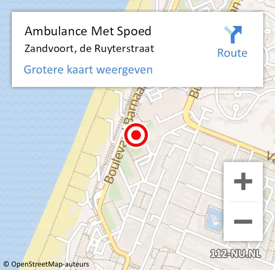 Locatie op kaart van de 112 melding: Ambulance Met Spoed Naar Zandvoort, de Ruyterstraat op 28 oktober 2021 05:28