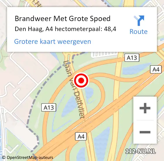 Locatie op kaart van de 112 melding: Brandweer Met Grote Spoed Naar Den Haag, A4 hectometerpaal: 48,4 op 28 oktober 2021 09:47