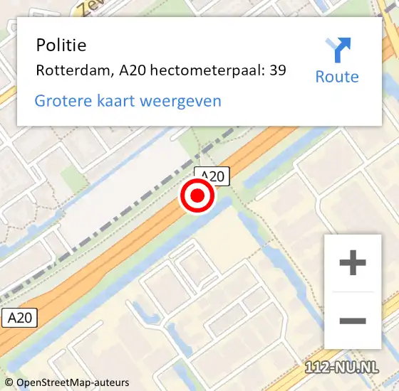 Locatie op kaart van de 112 melding: Politie Rotterdam, A20 hectometerpaal: 39 op 28 oktober 2021 11:00