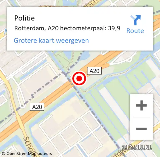 Locatie op kaart van de 112 melding: Politie Rotterdam, A20 hectometerpaal: 39,9 op 28 oktober 2021 11:11