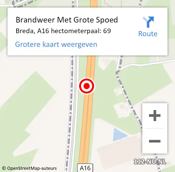 Locatie op kaart van de 112 melding: Brandweer Met Grote Spoed Naar Breda, A16 hectometerpaal: 69 op 28 oktober 2021 13:17