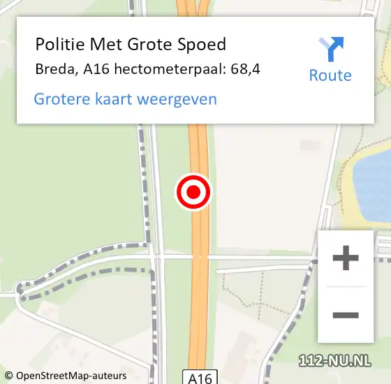 Locatie op kaart van de 112 melding: Politie Met Grote Spoed Naar Breda, A16 hectometerpaal: 68,4 op 28 oktober 2021 13:20