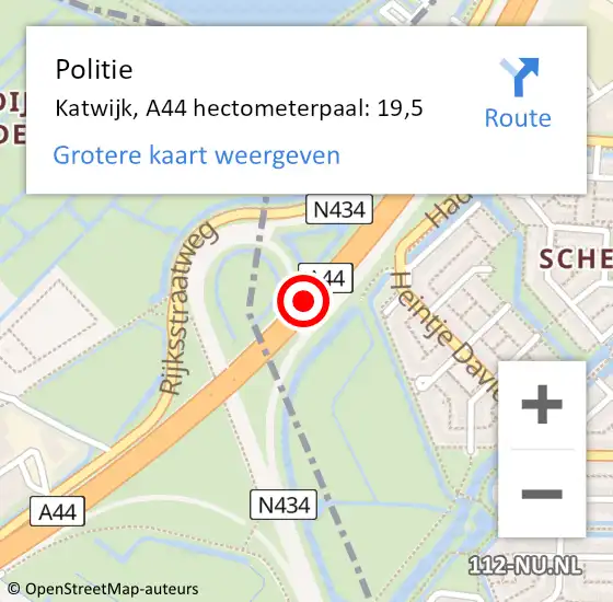 Locatie op kaart van de 112 melding: Politie Katwijk, A44 hectometerpaal: 19,5 op 28 oktober 2021 14:30