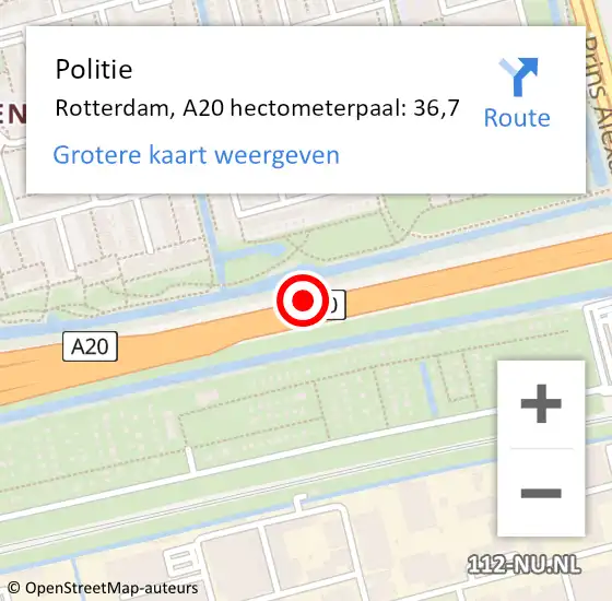 Locatie op kaart van de 112 melding: Politie Rotterdam, A20 hectometerpaal: 36,7 op 28 oktober 2021 14:52