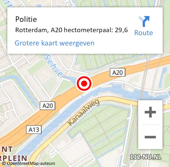 Locatie op kaart van de 112 melding: Politie Rotterdam, A20 hectometerpaal: 29,6 op 28 oktober 2021 15:20