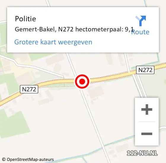 Locatie op kaart van de 112 melding: Politie Gemert-Bakel, N272 hectometerpaal: 9,1 op 28 oktober 2021 15:48
