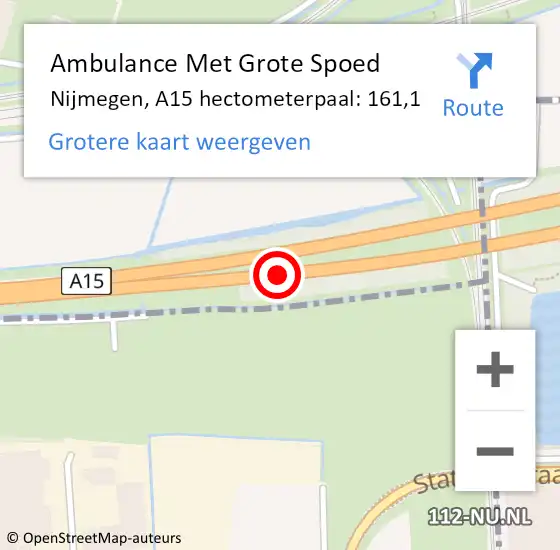 Locatie op kaart van de 112 melding: Ambulance Met Grote Spoed Naar Nijmegen, A15 hectometerpaal: 161,1 op 28 oktober 2021 15:57