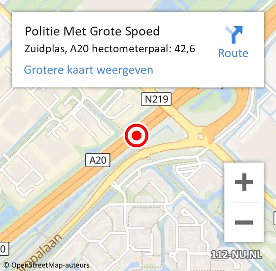 Locatie op kaart van de 112 melding: Politie Met Grote Spoed Naar Zuidplas, A20 hectometerpaal: 42,6 op 28 oktober 2021 16:53