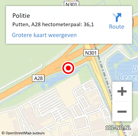 Locatie op kaart van de 112 melding: Politie Putten, A28 hectometerpaal: 36,1 op 28 oktober 2021 18:32