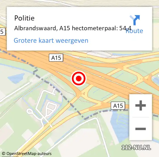 Locatie op kaart van de 112 melding: Politie Albrandswaard, A15 hectometerpaal: 54,4 op 28 oktober 2021 18:43