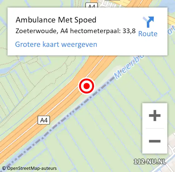 Locatie op kaart van de 112 melding: Ambulance Met Spoed Naar Zoeterwoude, A4 hectometerpaal: 33,8 op 28 oktober 2021 19:18