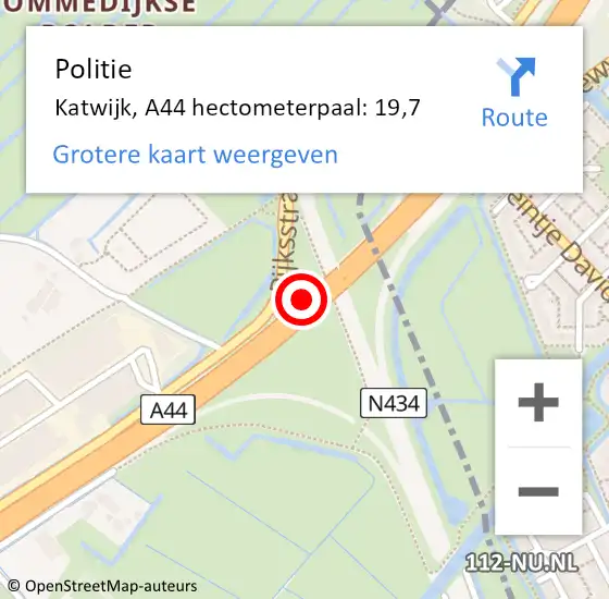 Locatie op kaart van de 112 melding: Politie Katwijk, A44 hectometerpaal: 19,7 op 28 oktober 2021 21:22