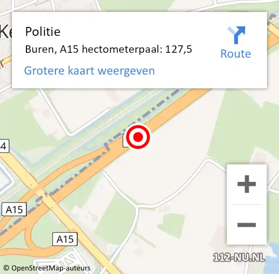 Locatie op kaart van de 112 melding: Politie Buren, A15 hectometerpaal: 127,5 op 29 oktober 2021 06:33