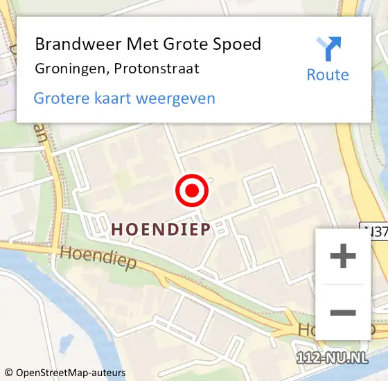 Locatie op kaart van de 112 melding: Brandweer Met Grote Spoed Naar Groningen, Protonstraat op 29 oktober 2021 08:24