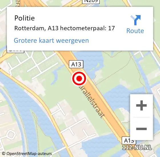 Locatie op kaart van de 112 melding: Politie Rotterdam, A13 hectometerpaal: 17 op 29 oktober 2021 09:19