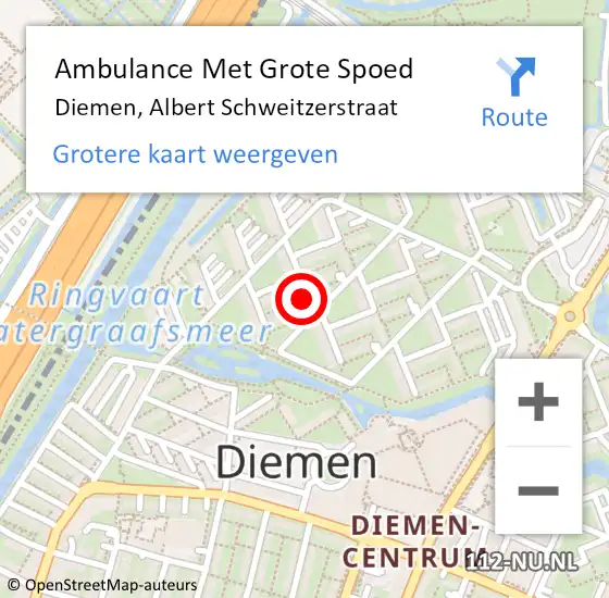 Locatie op kaart van de 112 melding: Ambulance Met Grote Spoed Naar Diemen, Albert Schweitzerstraat op 29 oktober 2021 10:42