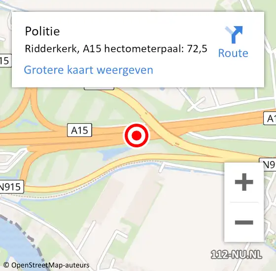 Locatie op kaart van de 112 melding: Politie Ridderkerk, A15 hectometerpaal: 72,5 op 29 oktober 2021 11:04