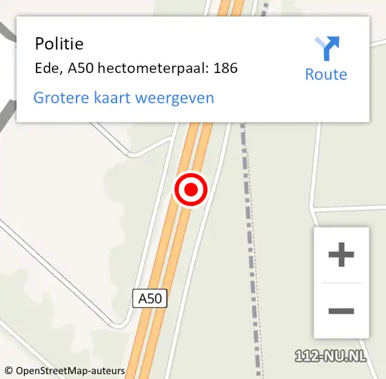 Locatie op kaart van de 112 melding: Politie Ede, A50 hectometerpaal: 186 op 29 oktober 2021 12:41