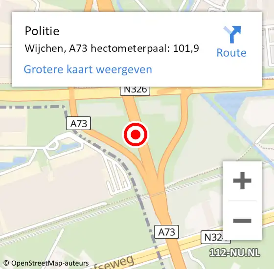 Locatie op kaart van de 112 melding: Politie Wijchen, A73 hectometerpaal: 101,9 op 29 oktober 2021 14:19