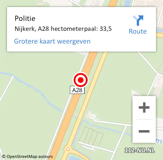 Locatie op kaart van de 112 melding: Politie Nijkerk, A28 hectometerpaal: 33,5 op 29 oktober 2021 14:33