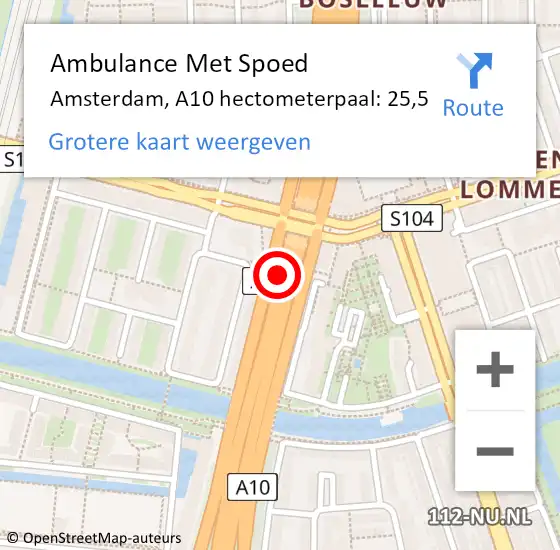 Locatie op kaart van de 112 melding: Ambulance Met Spoed Naar Amsterdam, A10 hectometerpaal: 25,5 op 29 oktober 2021 14:47