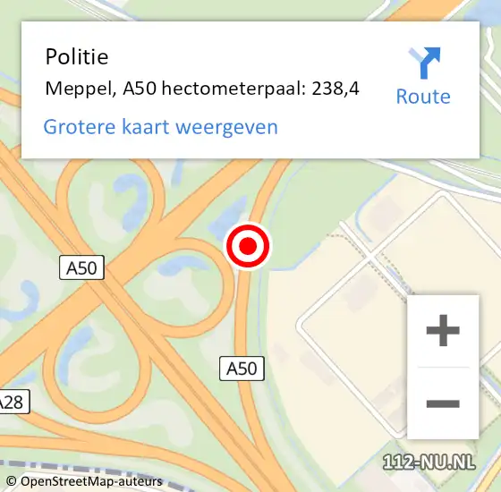 Locatie op kaart van de 112 melding: Politie Meppel, A50 hectometerpaal: 238,4 op 29 oktober 2021 15:19